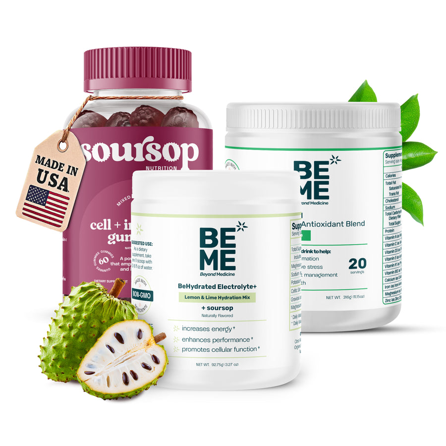 BePowerful Essentials - Three supplement bottles with a soursop fruit on a white background