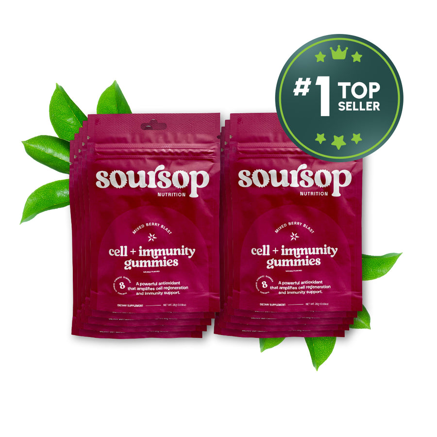 Soursop Nutrition cell + immunity gummies with a 'Top Seller' badge on a white background.