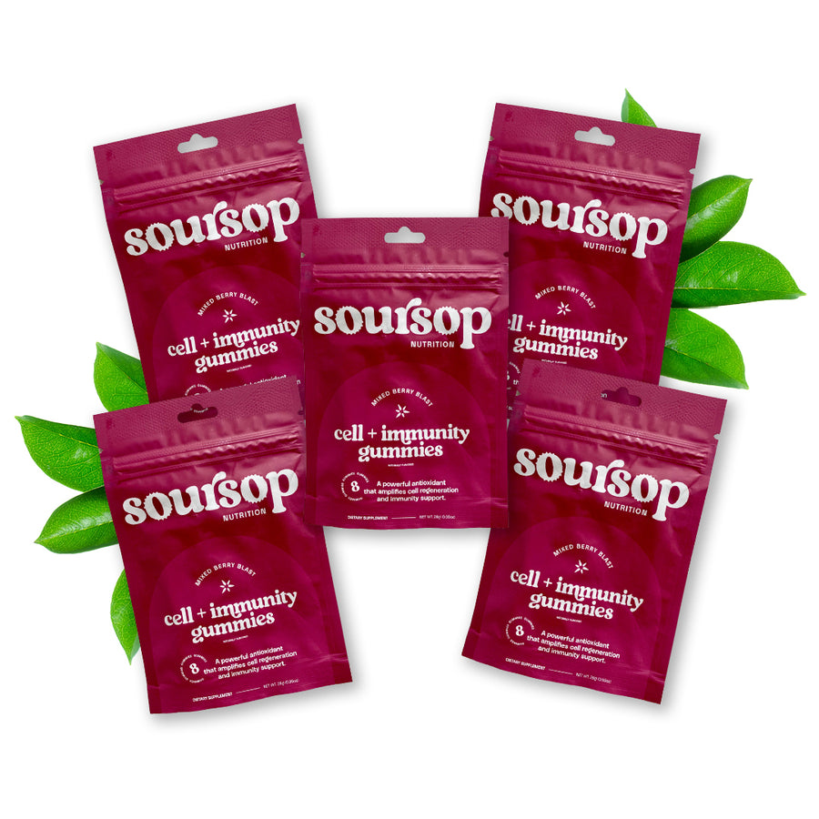 Packages of 'soursop' nutrition cell + immunity gummies with green leaves on a white background