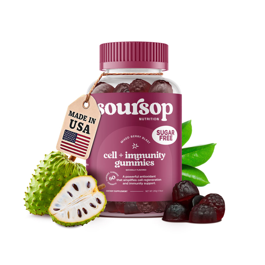 Soursop gummy supplement bottle with soursop fruit on a white background