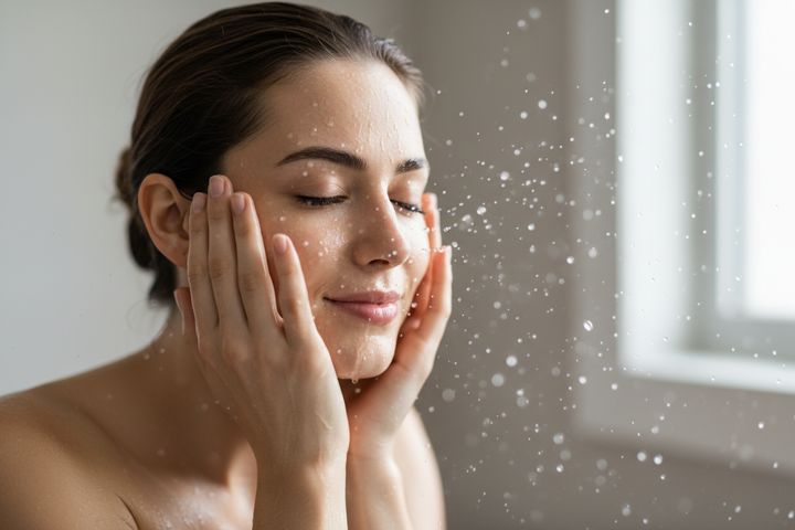 close up on woman washing face no products showing